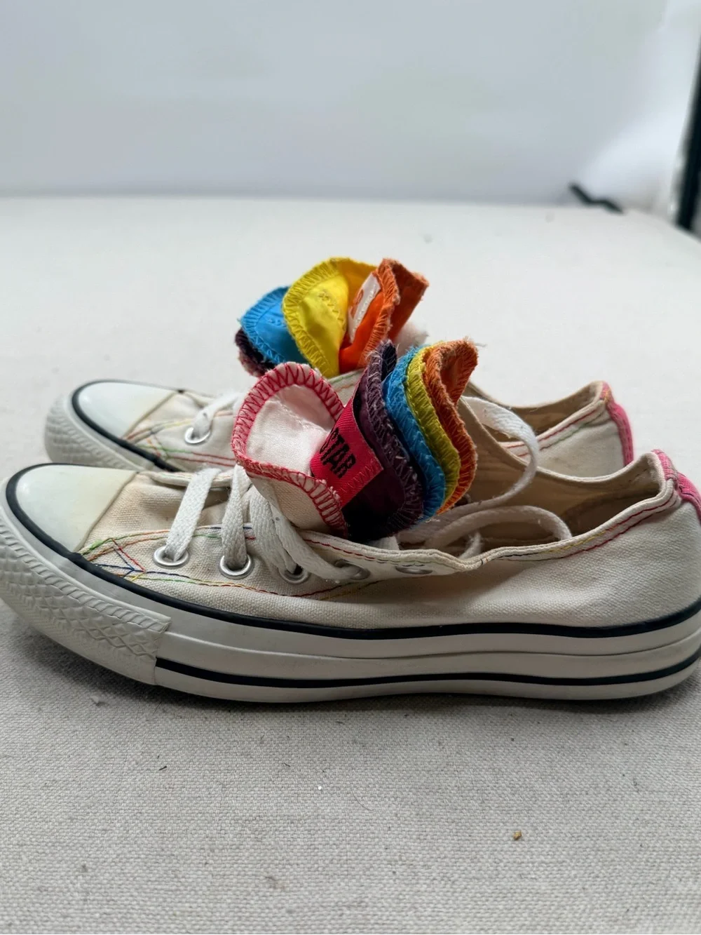 Converse Kids Low Top Sneakers with Rainbow Layered Tongues - White